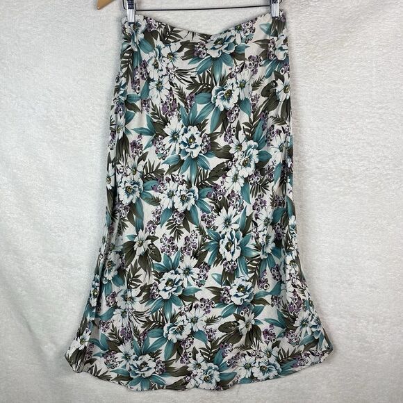 Womens Van Heusen Linen Floral‎ Maxi Skirt Size 4 Blue Tropical Flare - Picture 2 of 9